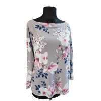 Popielata bluzka z rękawem 3/4 kimono - białe magnolie